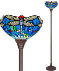 Tiffany Style Stained Glass Torchiere Floor Lamp 70 Inches Tall With Blue Dragonfly Accent Industrial Pole for decor