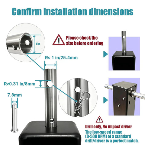 Installation dimensions of Heavy Duty Stainless Steel Trailer Jack Drill Adapter For 1 Inch Drive Shafts, includes size warnings.