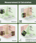 2 In 1 Laser Tape Measure With 197Ft Laser Range And 16Ft Tape showing distance, area, volume, and Pythagorean modes