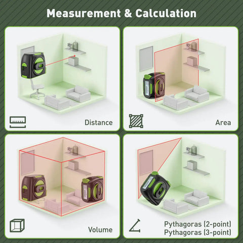 2 In 1 Laser Tape Measure With 197Ft Laser Range And 16Ft Tape showing distance, area, volume, and Pythagorean modes