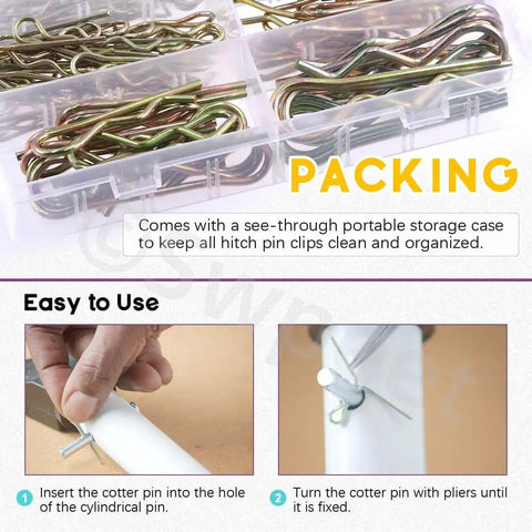 175 Piece Cotter Pin Kit With Six Sizes Zinc Plated Steel Hairpin R Clips in storage case and insertion demonstration