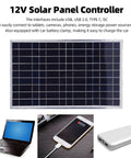 100W 12V Solar Panel Kit With Controller for travel and outdoor use IP67 waterproof, shown with USB outputs and charging devices