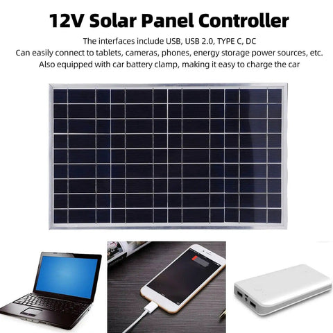 100W 12V Solar Panel Kit With Controller for travel and outdoor use IP67 waterproof, shown with USB outputs and charging devices