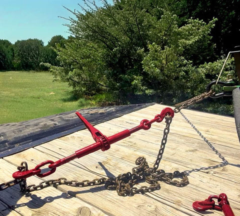 Heavy Duty Ratchet Chain Binder Set Five Sixteenth To Three Eighth Inch Chain With Grab Hooks 5400 Lbs Working Load Limit in use