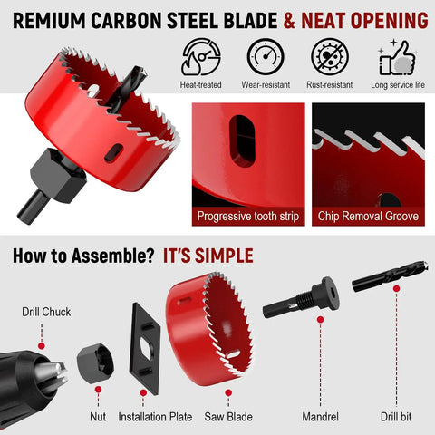 Eight Size Hole Saw Kit In A Durable Case With Arbors Drill Bits And Hex Key For Soft Wood Plywood PVC And Plastic assembly instructions