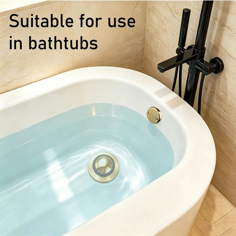 No Fuss Tub Drain Overflow Kit With Smooth Pop Up Stopper And Nifty Copper Hair Catcher Basket To Ban Clogs Quick Install in a modern bathtub.