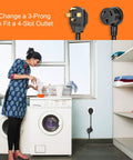 Woman using 4 Prong To 3 Prong Dryer Adapter Cord For NEMA 14-30P To 10-30R, 30A 250V STW 10AWG 1.5Ft Power Cord in laundry room