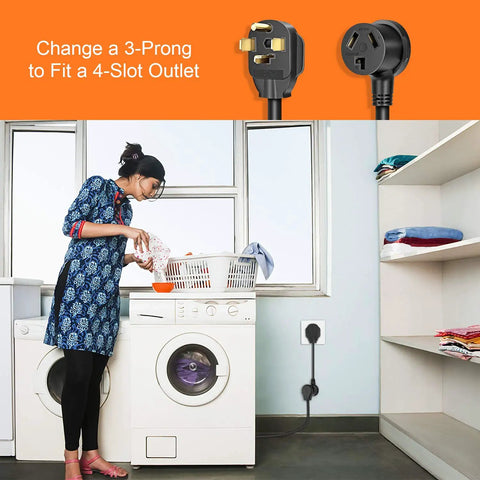 Woman using 4 Prong To 3 Prong Dryer Adapter Cord For NEMA 14-30P To 10-30R, 30A 250V STW 10AWG 1.5Ft Power Cord in laundry room