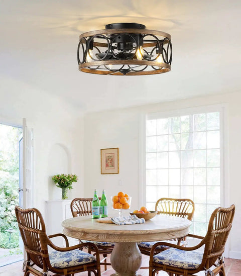 Farmhouse Style Ceiling Fan With Lights Remote Control, Caged Flush Mount 18 Inch Reversible Bladeless Design over dining table