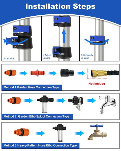 Installation steps for Pro Grade 30Ft Reach Solar Panel Cleaning Kit With 20 Inch Water Fed Brush Telescoping Pole.