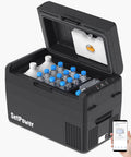 Kickass 34 Quart 12V Refrigerator Stays Bone Cold 24H Portable Car Fridge filled with water bottles and milk jugs.