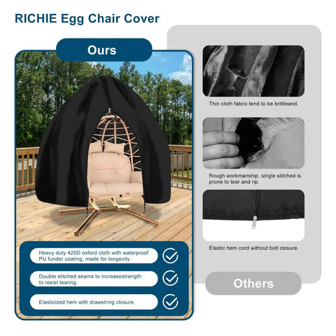 Heavy Duty Black Outdoor Egg Chair Cover 90x78 Inches With Full Zipper Dustproof And Tear Resistant Protection displayed outdoors on a patio.