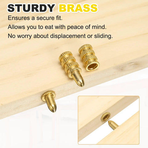 Genuine Brass Table Leaf Dowel Pins 10 Pack Solid Bolt Sleeve Connectors For Furniture Fixes Heavy Duty Alignment Hardware, showing two pins on wood.