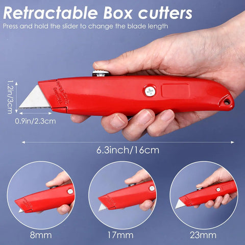 12 Pcs Retractable Professional Box Cutters Heavy Duty Aluminum Alloy Utility Knife Set With Three Color Options Blue Red Magenta For Warehouse Office Home DIY Projects, red cutter with adjustable blade