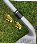 Set Of Five Premium Brass Golf Shaft Adapter Shims And Universal Shaft Spacers For Adjustable Iron Wedge Extensions Clubhouse Essential Upgrade Gear shown next to an iron club.