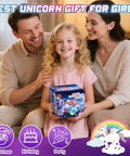 Child holding Unicorn Themed RC Car with parents; gift packaging visible, emphasizing perfect birthday gift for girls.
