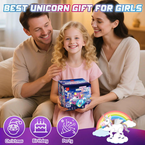 Child holding Unicorn Themed RC Car with parents; gift packaging visible, emphasizing perfect birthday gift for girls.