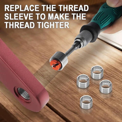 9/16-20 Bike Pedal Thread Repair Kit For Crank Arm Rethreading Tap Set with thread sleeve being replaced and steel inserts.