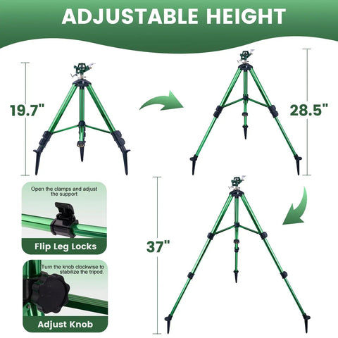 Adjustable tripod height showing 19.7, 28.5, 37 inches for Heavy Duty Lawn Sprinkler On Tripod Base With 360 Degree Coverage Reaches 45 Feet