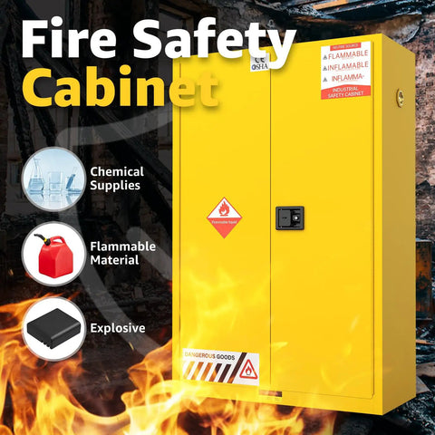 Beefy 330 Gallon Flammable Storage Cabinet With Adjustable Shelves, 75 Inch High By 25 Inch Deep By 50 Inch Wide, Heavy Duty Chemical Safety Cabinet For Large Capacity Liquids, Industrial Grade, Spill Resistant Design yellow cabinet front view