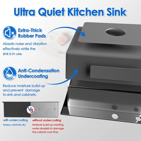 Drop In Kitchen Sink With Single Bowl 22 Inch By 18 Inch 9 Inch Deep Pro Grade 304 Stainless Steel features quiet rubber pads