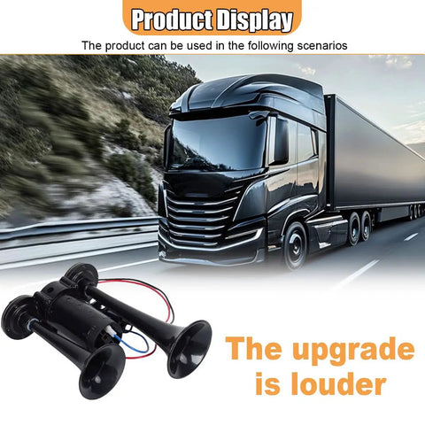 Straight Fire 12V Dual Trumpet Air Horn Kit featuring dual black trumpets for trucks, measuring 6x8 inches, suitable for heavy-duty use.