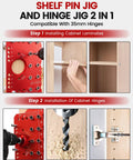 Rugged Two In One Shelf Pin And 35mm Hinge Jig Kit With Premium Drill Bits shown in use for cabinet installation.