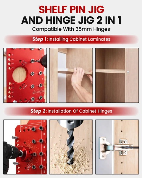 Rugged Two In One Shelf Pin And 35mm Hinge Jig Kit With Premium Drill Bits shown in use for cabinet installation.