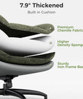 Layered materials of oversized 360 degree swivel accent chair with ottoman, highlighting chenille fabric, sponge, and iron base.