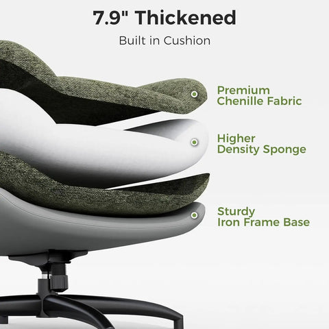 Layered materials of oversized 360 degree swivel accent chair with ottoman, highlighting chenille fabric, sponge, and iron base.
