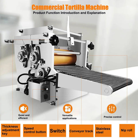 Qiokoith Automatic Electric Tortilla Maker Machine With Non Stick Surface and Adjustable Thickness Settings For Fluffy Homemade Flour and Corn Tortillas Easy One Touch Operation Kitchen Appliance showcasing the conveyor belt and control features.