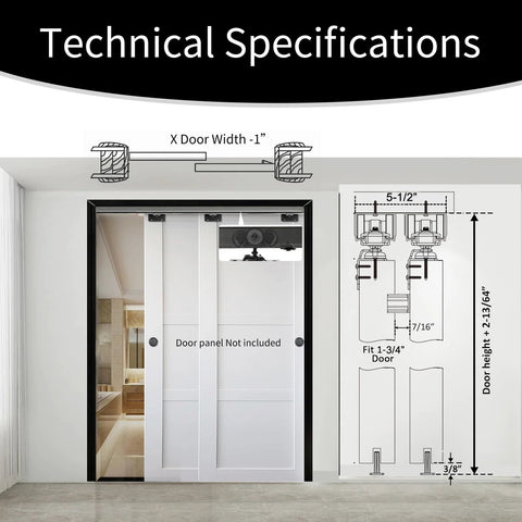 Ceiling Mount Bypass Sliding Door Hardware Rail Kit 48 Inch In Black Aluminum For Wood Doors installed in an interior space