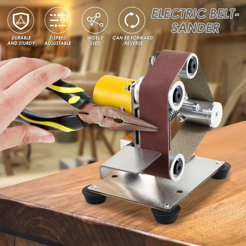 Boss Level Mini Belt Sander And Bench Grinder Featuring Seven Adjustable Speeds With Silent Double Bearing Motor For Smooth Metal Polishing Jewelry Crafting And Zero Sweat Knife Sharpening Work, compact design with pliers.