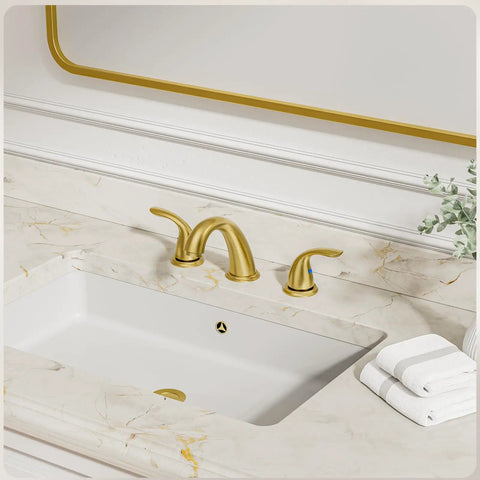 Brushed Gold Widespread 8 Inch 2-Handle Bathroom Faucet With 3-Hole Setup And Metal Pop Up Drain Assembly Low Arc Sink Faucet