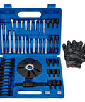 59 Piece Harmonic Balancer Puller And Installer Kit For Crankshaft Pulleys And Steering Wheels Flywheel Remover With Metric And SAE Bolts Bearing Plate Washers And More All In One Compatible With Buick Regal Lacrosse GL8 displayed in blue case with gloves