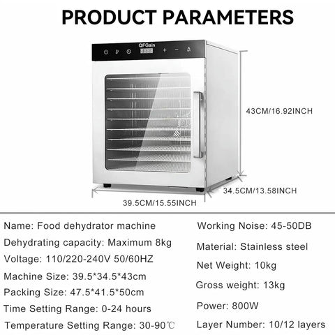 Premium Heavy Duty Freeze Dryer Machine With Twelve Stainless Steel Trays To Keep Your Fruits Veggies And Beef Jerky Rock Solid And Fresh As Heck For Any Home Hustle shown with dimensional specifications.