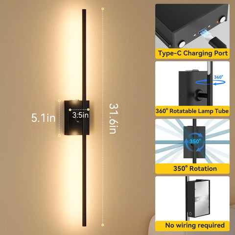 Heavy Duty Battery Operated Wall Sconces Set Of Two With Remote Control And 10000 Mah Rechargeable Battery Pack shown with measurements and features.