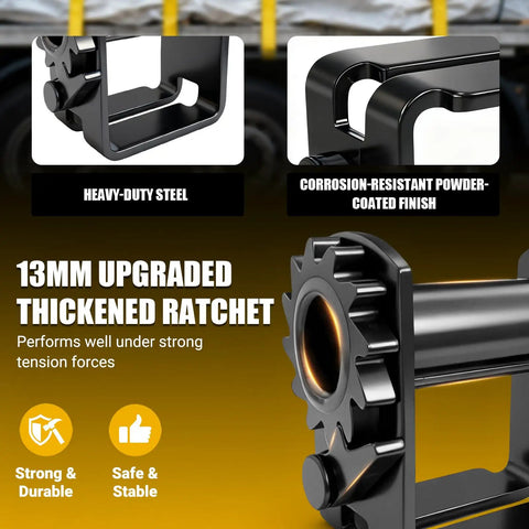 Standard Profile Sliding Trailer Winch 5500LBS Working Load Limit 16500LBS Breaking Capacity For Double L Tracks Holds Up To 20 Feet Of Webbing Beefy Heavy Duty Tie Down Winch For Flatbed Trailers, black powder-coated steel, 13mm ratchet