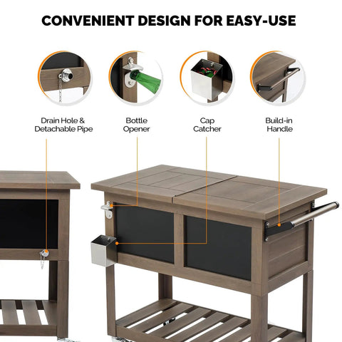 80 Quart Rolling Patio Cooler With Bottle Opener And Shelf Standing Ice Chest With Blackboard for Easy Outdoor Gatherings, Taupe Brown