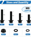 250 Piece M8 Flange Head Bolt Kit With Hex Bolts Nuts And Washers, sizes 16 to 30 mm, 250 pieces, black zinc finish