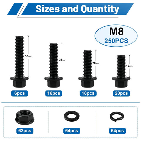 250 Piece M8 Flange Head Bolt Kit With Hex Bolts Nuts And Washers, sizes 16 to 30 mm, 250 pieces, black zinc finish