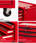 Premium 7 Drawer Rolling Tool Chest With Slick Ball Bearing Slides And Locking Caster Wheels, showing mobile pulley, ball bearing slides, and lock.