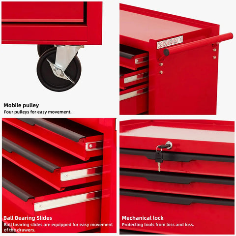 Premium 7 Drawer Rolling Tool Chest With Slick Ball Bearing Slides And Locking Caster Wheels, showing mobile pulley, ball bearing slides, and lock.