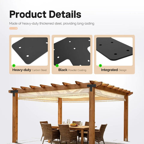 Installed T Post Timber Pergola Bracket Set For 4x4 And 6x6 Lumber Heavy Duty Steel Powder Coated Black shown on wooden structure