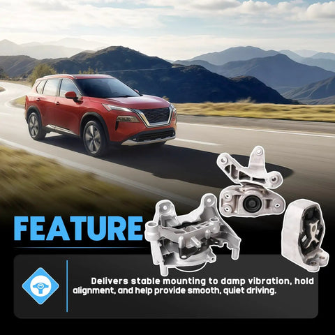 3 Pack Heavy Duty Engine Motor Mounts Fits 2022 2025 Nissan Rogue 1.5L Fwd shown with vehicle, stabilizes engine for smooth driving.