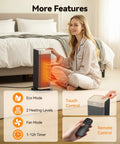 Woman using Cozy Up Portable Indoor Space Heater with 1500W PTC Ceramic Fast Heat, thermostat, and remote in bedroom.