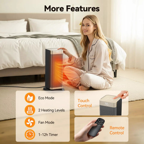 Woman using Cozy Up Portable Indoor Space Heater with 1500W PTC Ceramic Fast Heat, thermostat, and remote in bedroom.