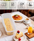 Microwave Pasta Pot With Strainer Lid And Measuring Cup Clip on a dining table with spaghetti and dessert, quick 10 minute cook