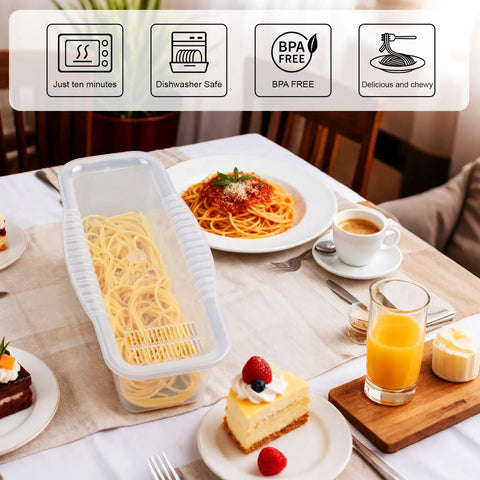 Microwave Pasta Pot With Strainer Lid And Measuring Cup Clip on a dining table with spaghetti and dessert, quick 10 minute cook