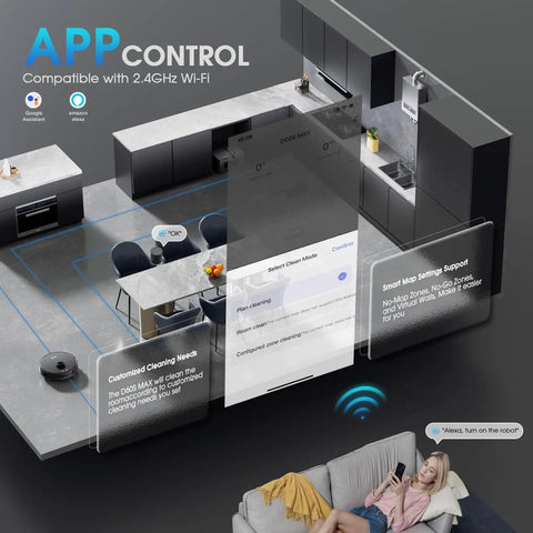 Robot Vacuum And Mop Combo With LiDAR Navigation, 75 Days Self-Emptying Base mapping layout on smartphone in modern kitchen